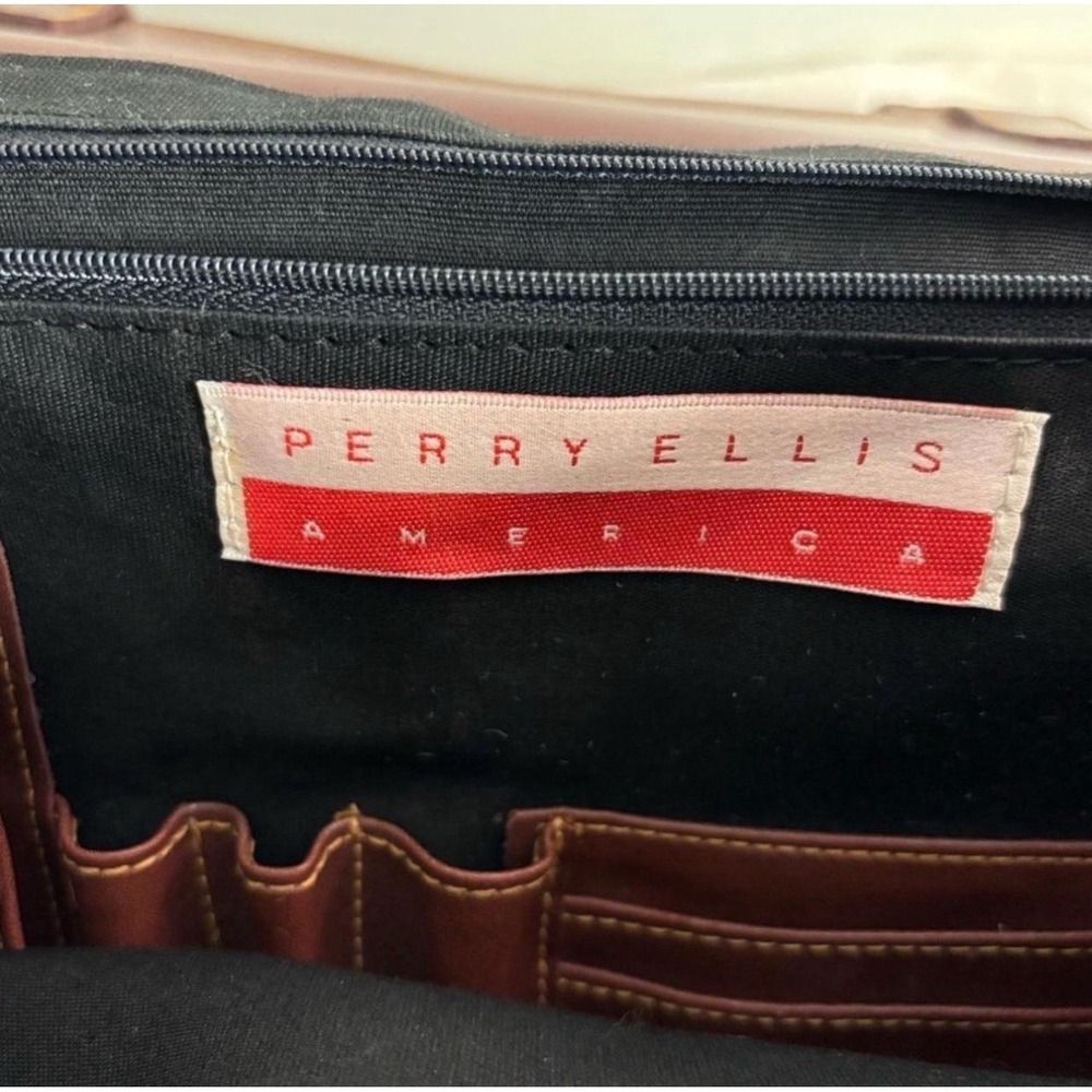 Perry Ellis Vtg Brown Color Block Briefcase w/Strap & Structured Design (1990s) - Picture 7 of 8